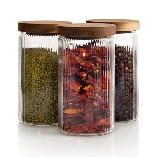 Image of Mason & Fable Ribbed Glass Jar with Wooden Lid 800ml-Set of 3| Airtight Fluted Storage Canister for Food, Pasta, Coffee, Dog Treats, Snacks | Container for Home & Kitchen