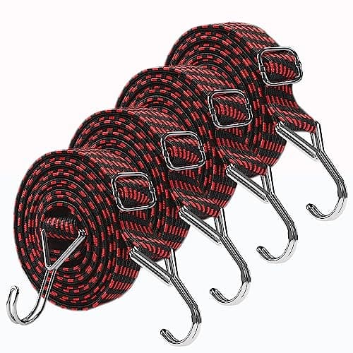 Image of Bungee Cords with Hooks Adjustable - Elastic Heavy Duty Straps Rope 4 Pack 2m Flat Bungee Straps for Bike Luggage Rack Tarp Camping Tent Car Roof Rack Fixings