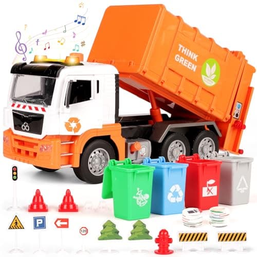 Image of BunnyJOY Garbage Truck Toy with Bins, Interactive Trucks with Sound and Light, Educational Toy Vehicle Playset for 3+ Year Old, Waste Lorry, Gift for Boy Girl Kid 4 5 6 7 8 Year old, Orange