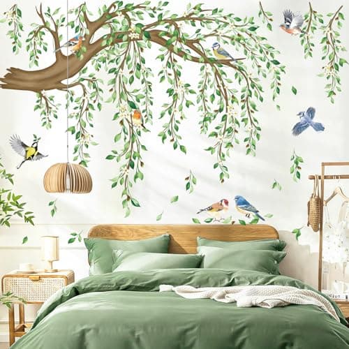 Image of decalmile Large Tree Branch Wall Stickers Hanging Vine Green Leaf Flower Birds Wall Decals Living Room Tv Background Bedroom Home Decor