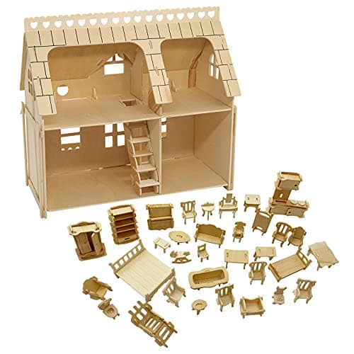 Image of CUTEROOM LEMOGO Wooden Dolls House with Furniture - Wooden Handcraft Construction Kit (DH0031)