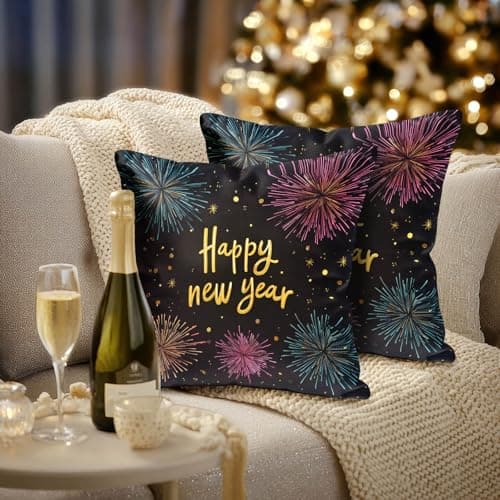 Image of HOMETITUTE Set of 2 Happy New Year Throw Pillow Covers 18x18 Inch Soft Decorative Gold Black Fireworks Cushion Covers Rustic Farmhouse Holiday Winter Pillow Cases for Sofa Couch Bed Home Decor