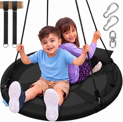 Image of SereneLife Tree Swing Seat, Large Round Saucer Kids Swings, Adults and Kids Nest Swing, Durable Frame, 270kg Capacity, Indoor Outdoor Hanging Rope Swinging Seat for Backyard, Garden and More – Black