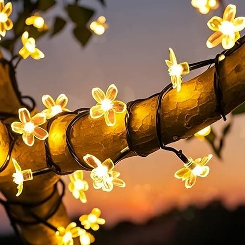 Image of HHMTAKA Solar Fairy Lights Outdoor Waterproof 50LED Flower Solar Garden Lights 8 Mode 9.5M/31FT Indoor/Outdoor Blossom String Lights for Garden Patio Yard Home Christmas Parties Wedding