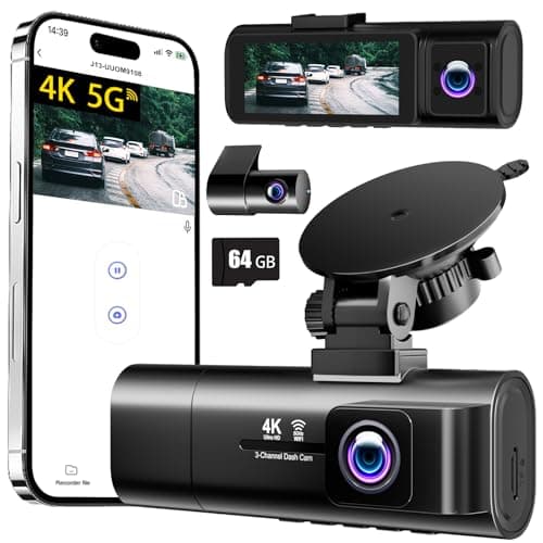 Image of 3 Channel 4K Dash Cam Front Inside and Rear, 5GHz WiFi, Car Camera Built-in 64GB Card, 4K+1080P+1080P Triple Lens Dash Camera, 3.16" Screen, Night Vision, WDR, G-Sensor, Loop Recording, Parking Mode