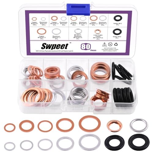 Image of Swpeet 80Pcs 14 Types Oil Drain Plug Gasket Assortment Kit, Aluminum/Copper/Rubber Oil Crush Washers Seals Kit Compatible with Toyota Honda Subaru VW Audi Mercedes Benz