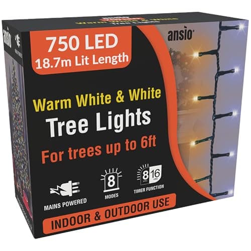 Image of ANSIO® Christmas Tree Lights 750 LED 18.7m/61ft - Warm & Cool White Cluster Compact Lights for Indoor & Outdoor Decorations Fairy Lights with Timer for Xmas Garden & Party | Mains Powered Green Cable
