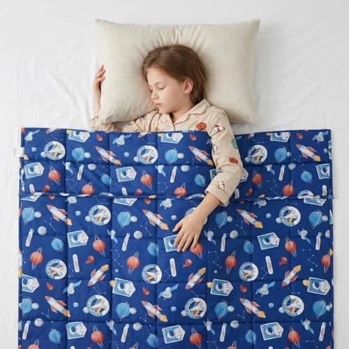 Image of Space Themed Weighted Blanket, Fluffy Quilted Pockets Throw with Non-Toxic Glass Beads, Therapy Anxiety Relief Insomnia Autism, Soft and Cozy Astronaut Galaxy Planet Throw Blanket, 100 x 150cm - 3kg