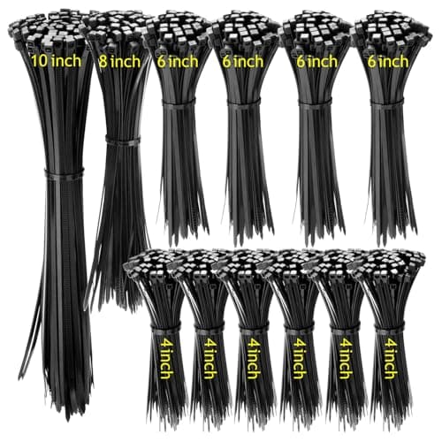 Image of Yaluzibi 1200 Pack Cable Ties, Black Zip Ties with UV Resistant, Various Sizes 250/200/150/100mm and Width 3.6/2.5mm, Plastic Heavy Duty Nylon Small Zip Self Locking for Tidy Wires Indoor and Outdoor