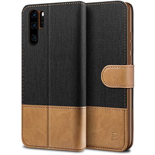 Image of BEZ for Huawei P30 Pro Case, Phone Case Compatible with Huawei P30 Pro, Wallet Cover [Canvas Faux Leather] with Credit Card Holders, Kick Stand, Magnetic Strap Closure, Black