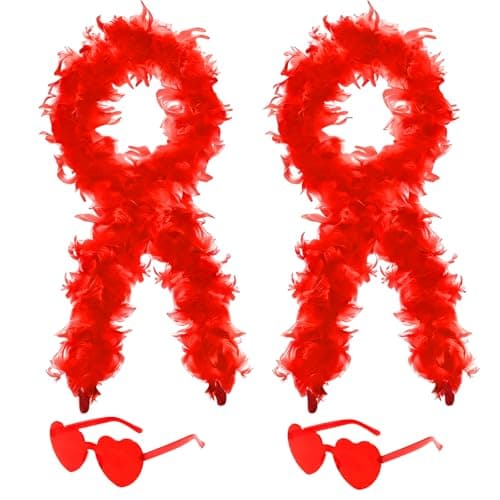 Image of 4Pcs Colorful Fancy Dress Feather Boa Set, 4ft Feather Boa with Heart Rimless Sunglasses for Women, Artificial Fluffy Boa Decorations wit for Dancing Wedding Party Cosplay Halloween (Red)