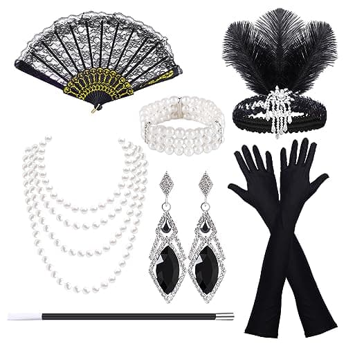 Image of Pecehom 1920s Flapper Great Gatsby Accessories Set Roaring 20's Theme Set for Women, Retro Carnival Festival Halloween Christmas,with Headband Gloves Necklace Earrings Lace Folding Fan
