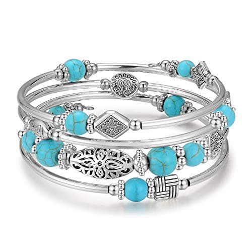 Image of BULINLIN Beaded Silver Bangle Wrap Bracelet for Her, Layered Bohemian Bracelets with Natural Stone, Jewellery Gifts for Women Ladies(Turquoise)