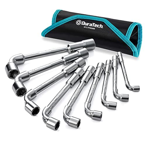 Image of DURATECH 9-Piece Double Ended Hex Spanner Set 8-19 mm, L-Type Angled Elbow Wrench Angled Head Socket Spanner, 6-Point, Metric, Chrome Alloy Steel, with Roll-up Pouch
