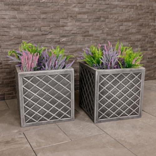 Image of Charles Bentley Pair of Lazio Square Pewter Planters (38cm) Plastic Plant Pot Grey Diamond Set of 2