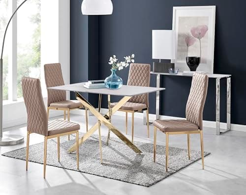Image of Furniturebox UK Leonardo White Glass Marble Effect Gold Leg Table & 4 Cappuccino Milan Gold Leg Chairs
