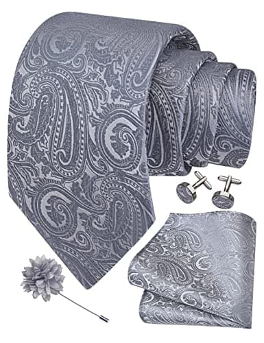 Image of Gusleson Mens Sliver Grey Tie for Wedding Gray Paisley Necktie Pocket Square Cufflinks and Lapel Pin Brooch Set (UK6103-26)