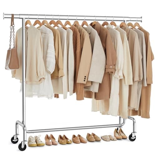 Image of SONGMICS Clothes Rack on Wheels, Heavy-Duty Clothes Rail, with Extendable Hanging Rail, 130 kg Load Capacity, 45 x (110-150) x 162.9 cm, Chrome-Plated, Silver HSR11S