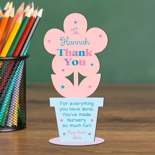 Image of Personalised Wooden Flower Pot Plaque for Nursery Thank You Gift - End Of Term School Thank You Nursery Teacher Keepsake Freestanding Gift