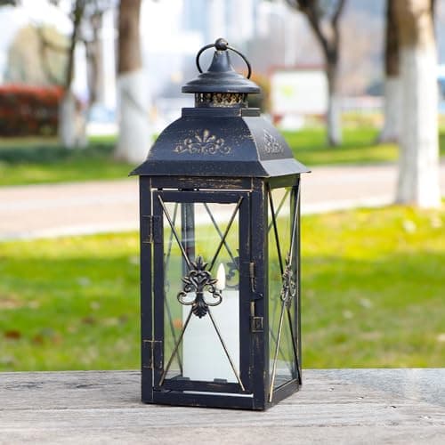 Image of TRIROCKS Decorative Hanging Lantern 34 cm High Vintage Metal Candle Holder with Tempered Glass Perfect for Living Room Garden Yard Patio Parties Events Indoors Outdoors (Black)