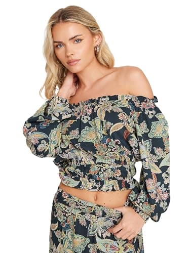 Image of PixieGirl Petite Navy Blue Paisley Print Bardot Top Petite