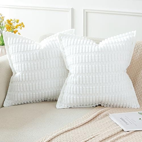 Image of Artscope Pure White Cushion Covers Set of 2 Corduroy Decorative Square Striped Pillowcase with Stitched Edge Pillow Covers 45x45cm for Home Decor Sofa Bedroom Car