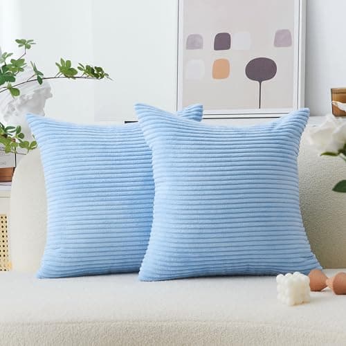 Image of Home Brilliant Blue Cushion Cover 50cm x 50cm for Sofa Couch, Soft Corduroy Cushion Covers 20x20 Pack of 2, Handmade Decorative Cushions Covers for Bed (50x50, Light Blue)