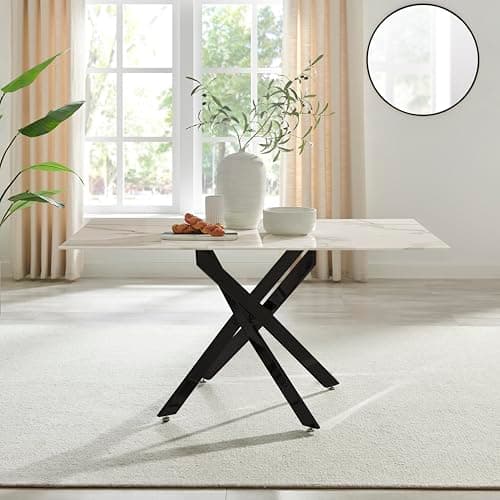 Image of Furniturebox UK Dining Table - Leonardo 6 Seat Dining Table - Glass White Marble Effect Table Matte Black Metal Legs -Nested Starburst Design - Modern Dining Room Furniture for Contemporary Homes
