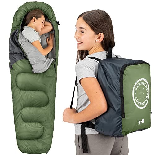 Image of Trail Kids Sleeping Bag Mummy Shape 3 Season Camping 300gsm Boys Girls with Lightweight Rucksack Bag (Khaki)