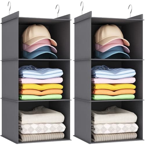 Image of Lifewit Hanging Storage with Metal Hooks, Foldable Wardrobe Closet Storage Organiser, Fabric Hanging Shelves Organiser for Clothes, Towels, Toys, Shoe Rack, 3 Tier, 2 Pack