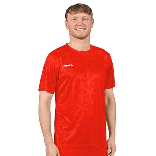 Image of FORZA Men’s Short Sleeve Geo Football Shirt | Lightweight Quick-Dry Polyester Top – Breathable Training Jersey for All Athletes and Players (UK, Alpha, L, Regular, Regular, Red)