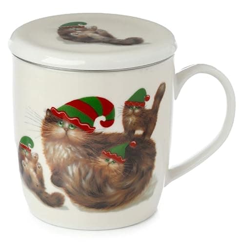 Image of HoitoDeals Porcelain Mug & Infuser Set Kim Haskins Christmas Elf Cats For Home, Kitchen, Dining table Accessories (1 Set)