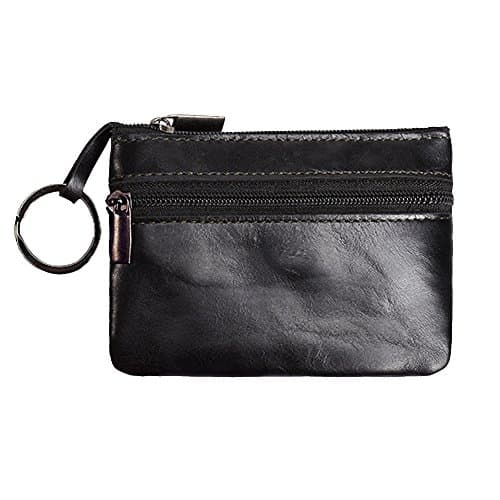 Image of Hibate Women's Mini Coin Purse Wallet Genuine Leather Zipper Pouch with Key Ring Minimalist - Black_B
