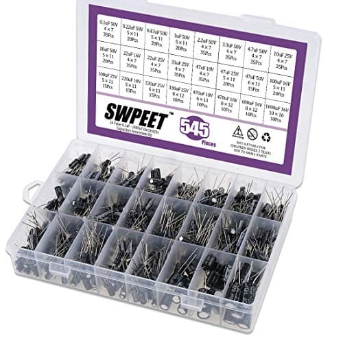 Image of Swpeet 545Pcs 24 Kinds Different Electrolytic Capacitors Range 0.1uF-1000uF Assortment Kit, 10V/16V/25V/50V Aluminum Radial Electrolytic Capacitors for TV, LCD Monitor, Radio, Stereo, Game