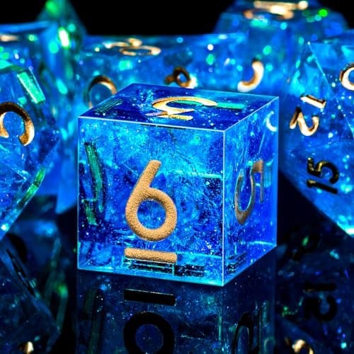 Image of SIQUK 7-Die DND Dice Set Sharp Edge Polyhedral Dice for Dungeons and Dragons RPG MTG Table Games (Blue & Gold)