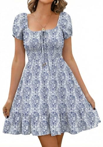 Image of Livonmone Womens Summer Casual Sweetheart Neckline Puff Sleeve Floral Print High Waist Dress Boho Beach Mini Short Dresses (Dark Blue, L)