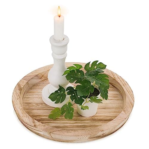 Image of Hanobe Wooden Candle Holder Tray: Round Decorative Candle Plate Farmhouse Table Centerpiece Rustic Wood Tealight Pillar Trays for Christmas Wedding Halloween Home Decor, Light Burnt