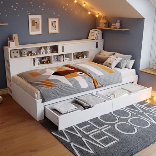 Image of BTM Single Bed with Drawers, Shelves and Storage Cabinets, Multifunctional Daybed with Storage Space, 3ft-90x190cm, No Mattress, White