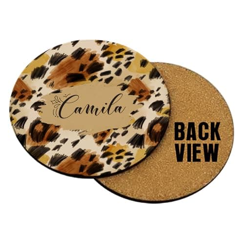 Image of Personalised Leopard Print Design – Custom Name Gift – Animal Print Style – Unique Customised Present for Friends & Family, Tableware, Coffee, Tea, Drink Coaster. (Round Shaped Coaster)