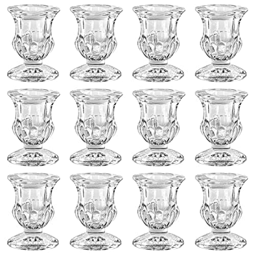 Image of Belle Vous 12 Pack Tapered Candlestick Holder Set - W4.7 x H6.3cm/1.85 x 2.48 Inches - Crystal Clear Glass Holders for Home Ornament, Wedding Table Decoration Centrepiece & Aromatherapy Gift