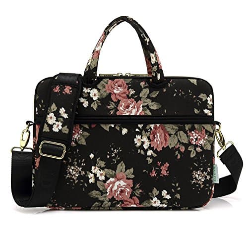 Image of kayond Black Chinese Rose Patten Canvas Laptop Shoulder Messenger Bag Case Sleeve for 14 Inch Laptop and Macbook Pro 2017-2021 (14-14.1 inch, Black Chinese Rose)