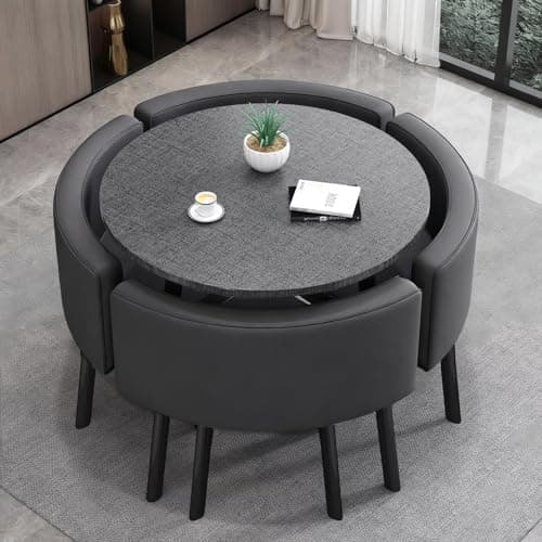 Image of VTELGT Dining Table and Chair 5 Piece Set, Kitchen Table and Pu Leather Chairs Set for 4-6, Space Saving Table Set, Restaurant Breakfast Modern Furniture Set (Grey Round)