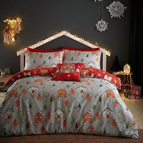 Image of Bedlam Christmas Gingerbread House Duvet Cover – Double Size (200x200cm) – Red/Grey Reversible – 2 Pillowcases – Gingerbread Man Bedding – Festive Bedroom Set