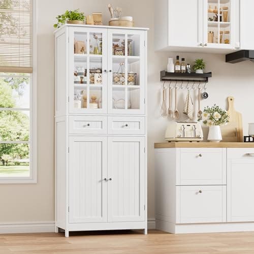 Image of HOCSOK Kitchen Pantry Cupboard, Freestanding Kitchen Storage Cabinet with 4 Doors and 2 Drawers, Display Cabinets with 2 Glass Doors for Dining Room, Office, Living Room, Modern, White