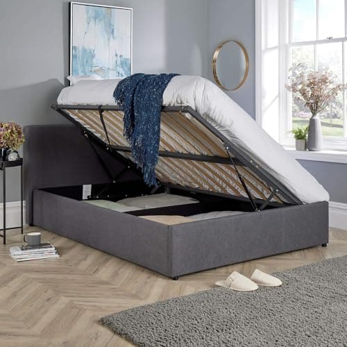 Image of Home Source Small Double 4ft Side Gas Lift Fabric Ottoman Storage Bed, Grey