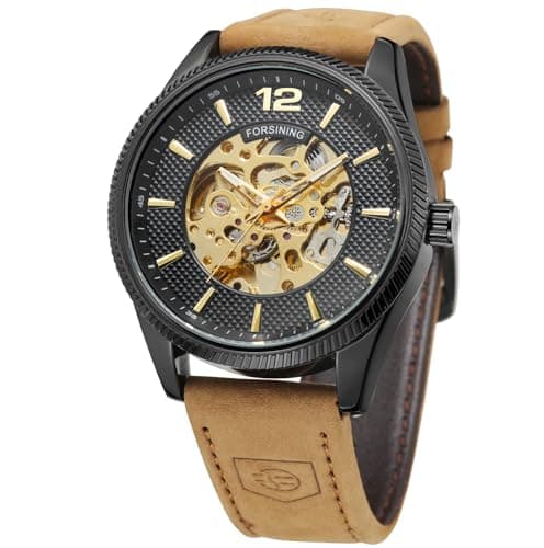 Image of FORSINING Men's Hand-Wind Mechanical Minimalist Simple Analog Dial Fashion Leather Strap Wrist Watch, 4-Gold and Black, Classic