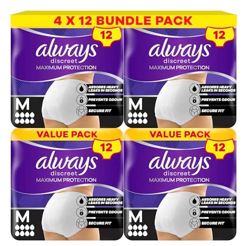 Image of Always Discreet Incontinence Pant Maximum Protection 8 Drops, Size M, 4x12 Counts, with Odour Neutralising Technology