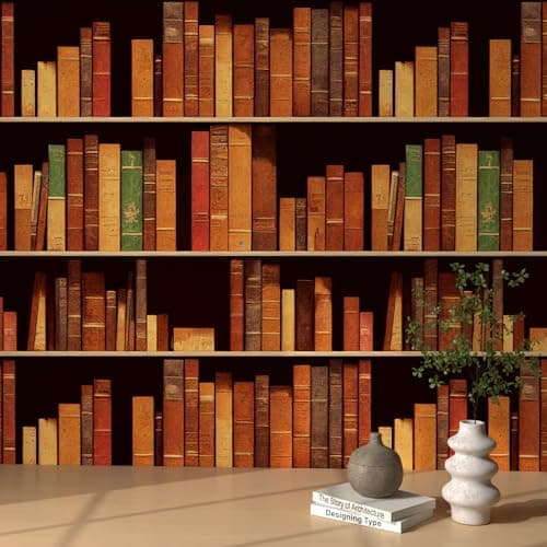 Image of ReWallpaper Peel and Stick Wallpaper Brown Library Self Adhesive Wallpaper 3D Effect Bedroom Vintage 44.5cmx3m Sticky Back Vinyl Wrap for Furniture Art Deco Book Wallpapers for Walls