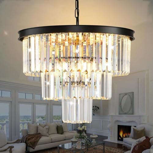 Image of MSSIAN Modern Black K9 Crystal Chandelier, 9-E14 Socket Pendant Light with Adjustable Chain, Contemporary Ceiling Fixture for Dining Living Room Foyer Bedroom 50CM