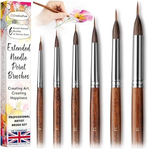 Image of Extended Needle Point Brushes - Set of 6 - Professional Watercolour Brush Set - Fine Tip Bristles for Painting Art, Detailing Porcelain, Precision Calligraphy - Quality Artist Supplies by CreativePeak